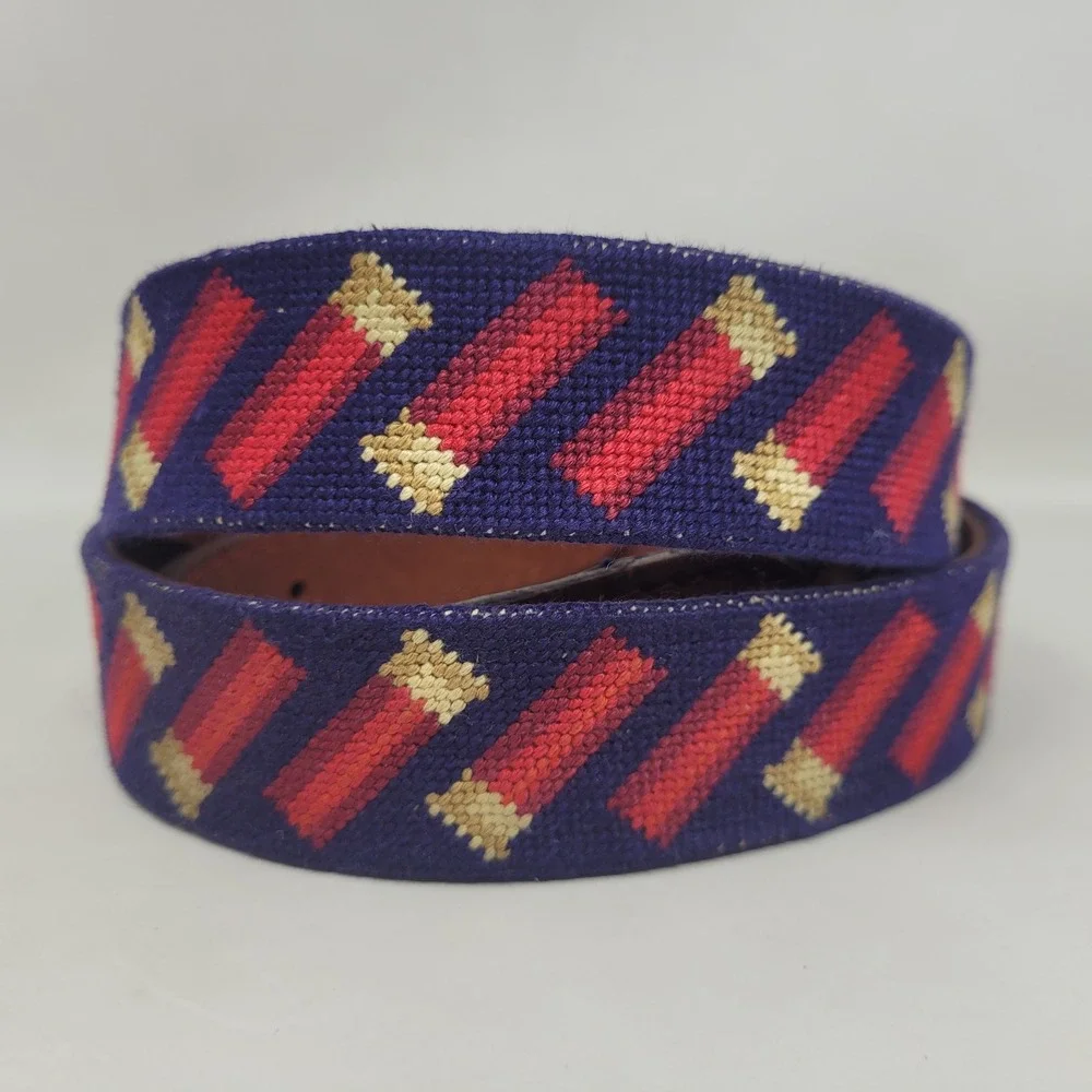 Smathers & Branson Belt 42 Blue Red Shotshells Needlepoint Leather Brass Buckle